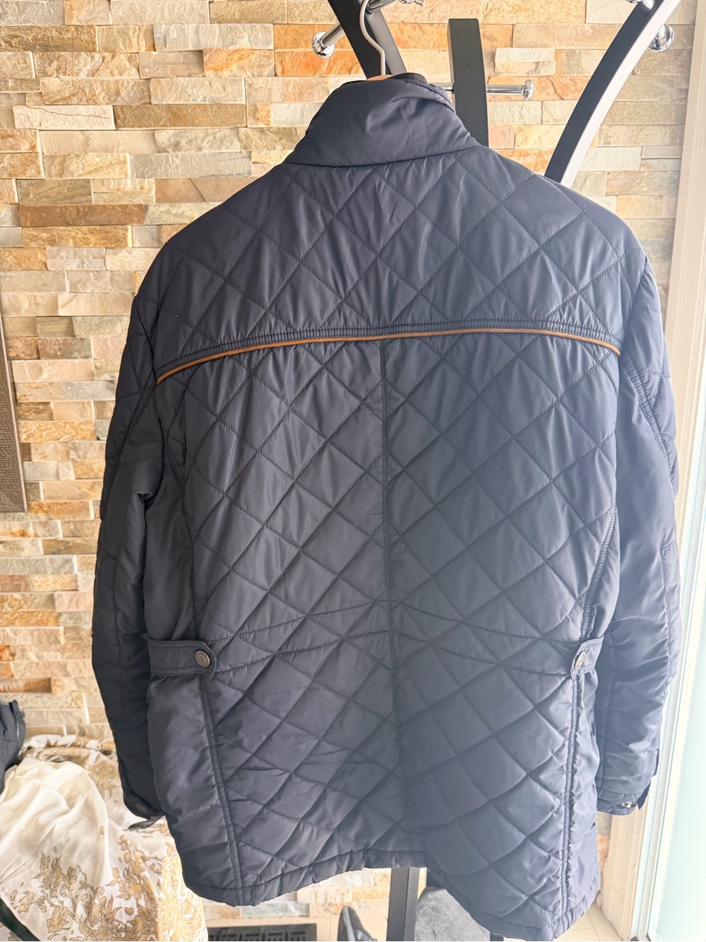 Quilted navy Jacket with Brown Trim - Men’s (worn like a women’s large or xl) - Picture 2 of 5